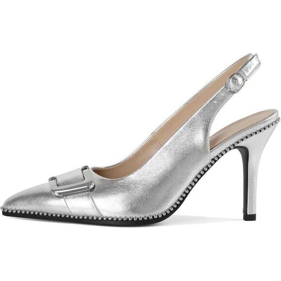 🆕Women Sliver Stiletto High Heels Pointed Toe Pumps Beaded Metal Buckle Shoes - Picture 2 of 7